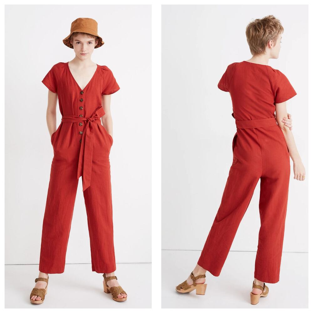 Madewell Linen-Cotton Pleat-Sleeve Jumpsuit Size 14P Rust Short Sleeve Cropped